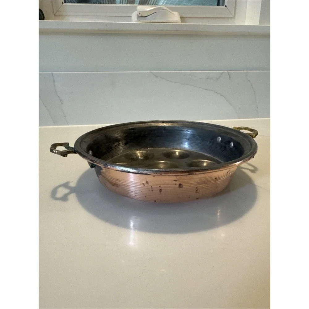 French Style Copper Escargot Pan Tin Lined Round  Brass Handle 8